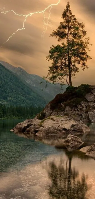 Lake landscape with tree and lightning in dramatic evening sky.