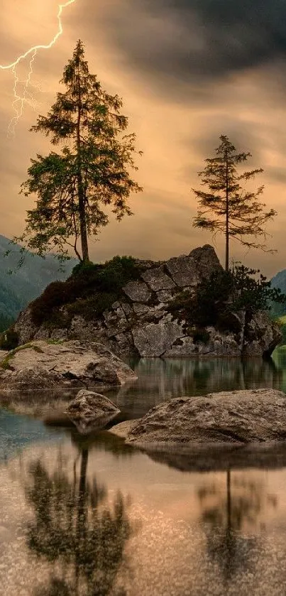 Peaceful lake and lightning with mountain reflection.