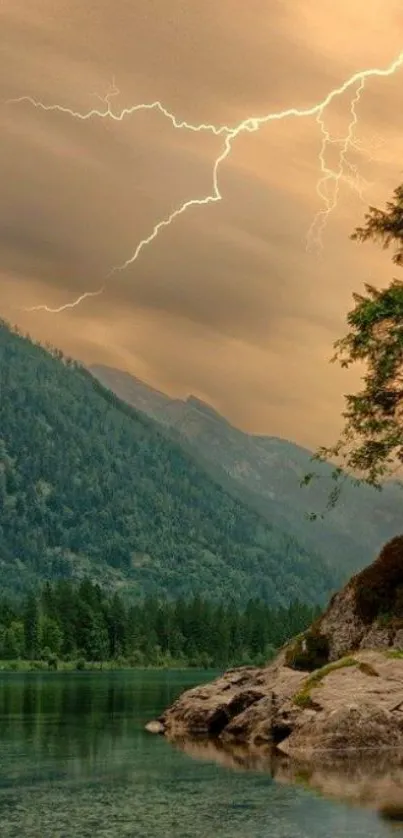 A serene lake with mountains and lightning in a stormy sky.