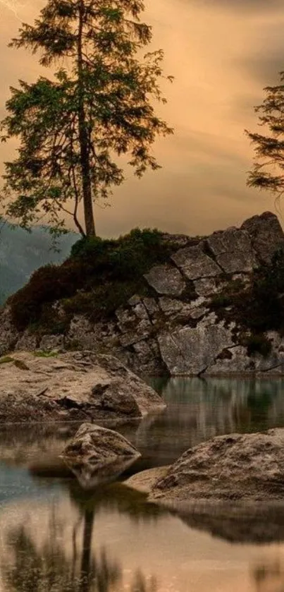 Serene lake with trees and thunderstorm in golden sky.