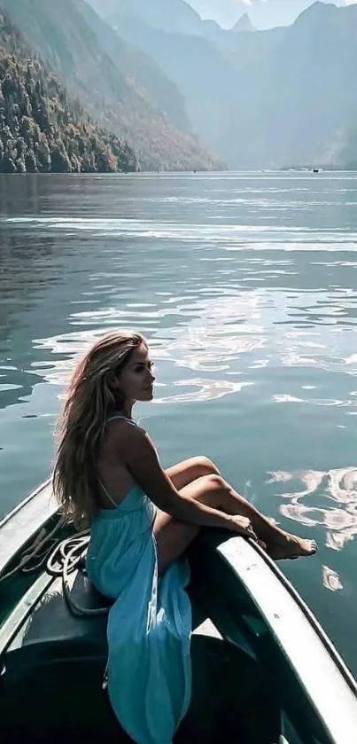 Woman on boat in serene lake surrounded by mountains.