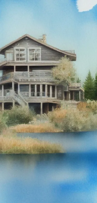 Watercolor artwork of a lakeside cabin surrounded by nature.