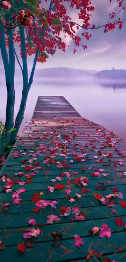 Serene autumn lakeside wallpaper with red leaves and misty waters.