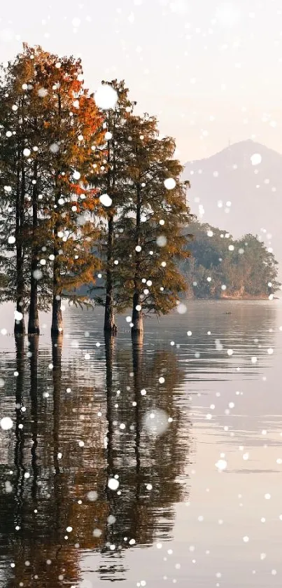 Autumn trees reflected in a serene lake landscape.