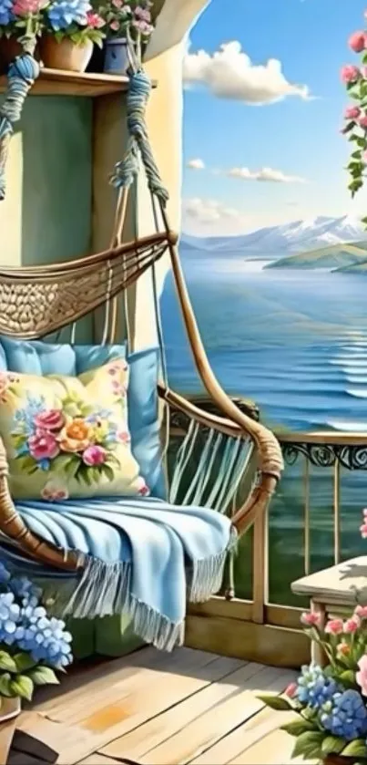 Scenic balcony with hammock by the lake and mountains.