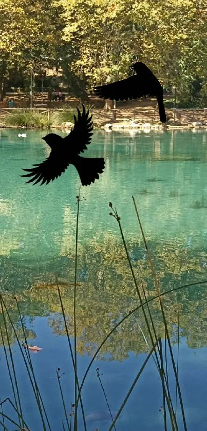 Serene lakeside with birds flying over reflective turquoise waters.