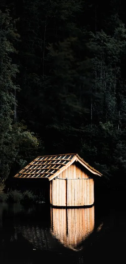 Lakeside cabin glowing softly at night.