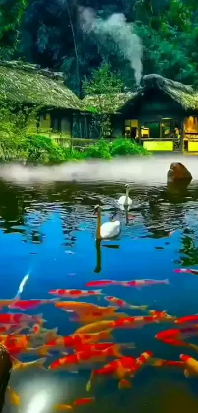 A peaceful lakeside cabin with koi pond and lush greenery in a tranquil setting.