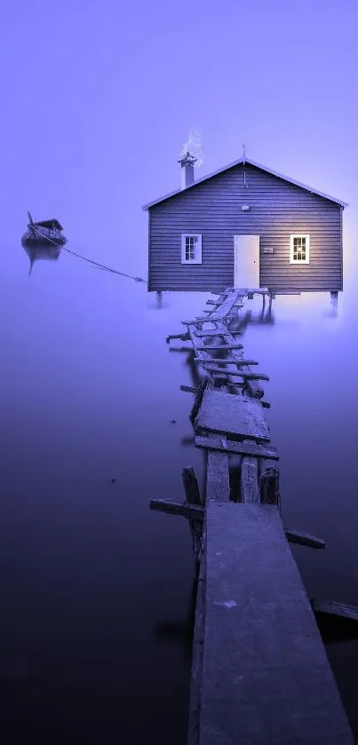 Serene lakeside cabin in cool blue tones with a misty, tranquil atmosphere.