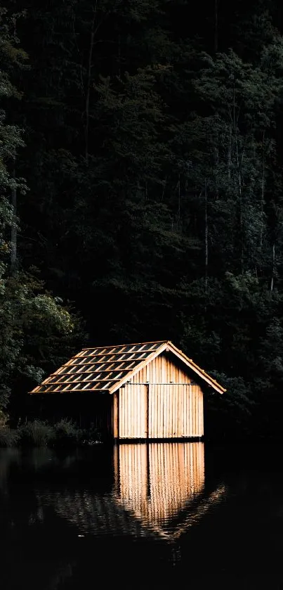 Serene view of a cabin by a forested lake, reflecting in the calm water.