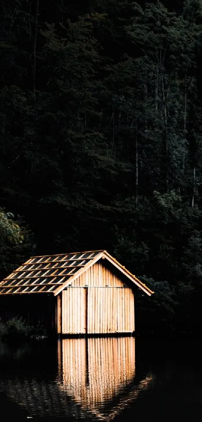 A serene wooden cabin reflected on a lake with a dark green forest backdrop.