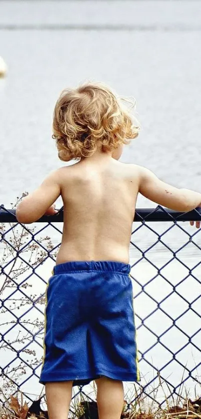 Child gazing at serene lake over a fence, peaceful and inspiring view.