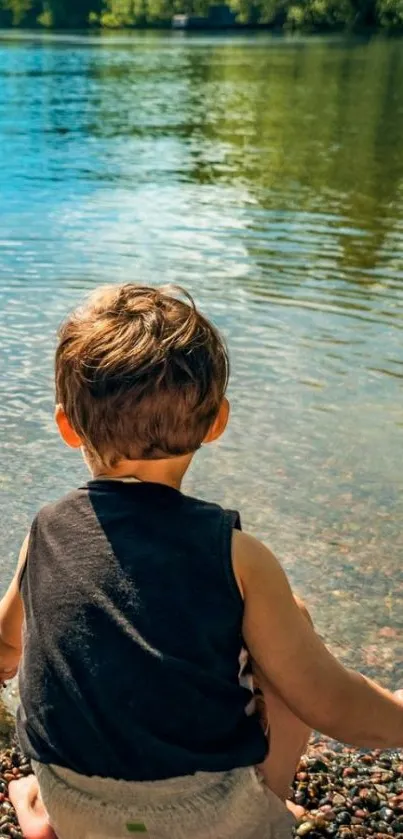 Child by a serene lake with lush greenery.