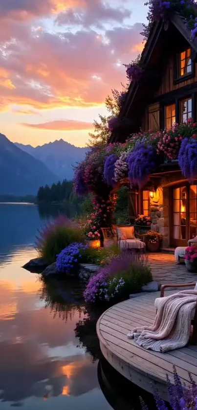 Lakeside cottage at sunset with vibrant flowers and reflective water.