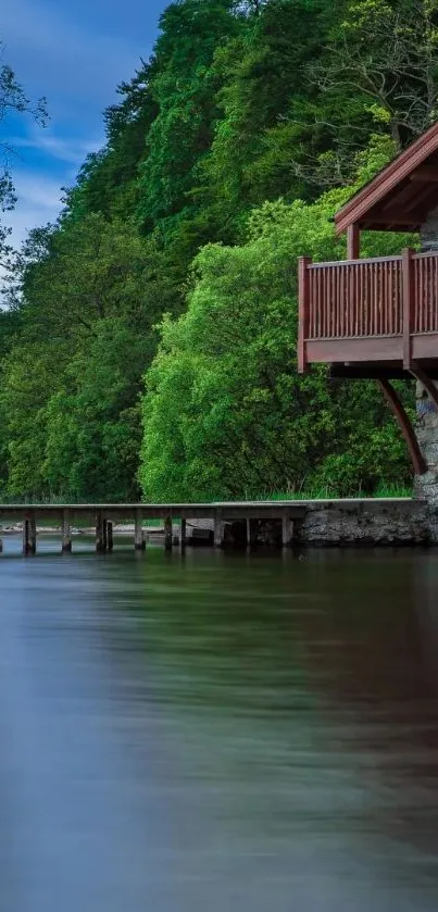 Serene lakeside view with cottage and dock surrounded by lush greenery.