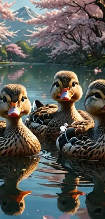 Three ducks swim in a pond framed by cherry blossom trees.