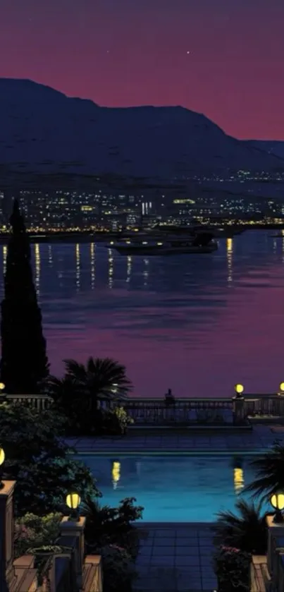 Lakeside evening landscape with purple twilight sky.