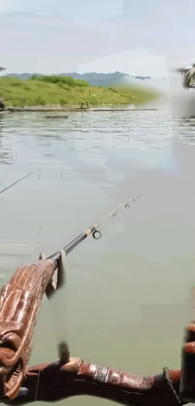 Calm lakeside fishing scene with rods and nature.