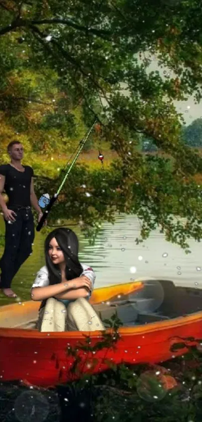 Lakeside fishing with couple in boat.