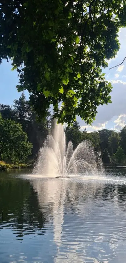 Serene lakeside scene with a fountain and lush greenery.