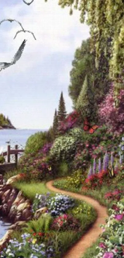 Serene lakeside garden path with vibrant flowers and greenery.