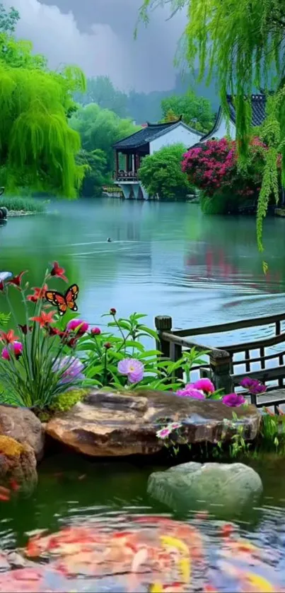 Serene lakeside garden with vibrant flowers and a peaceful atmosphere.