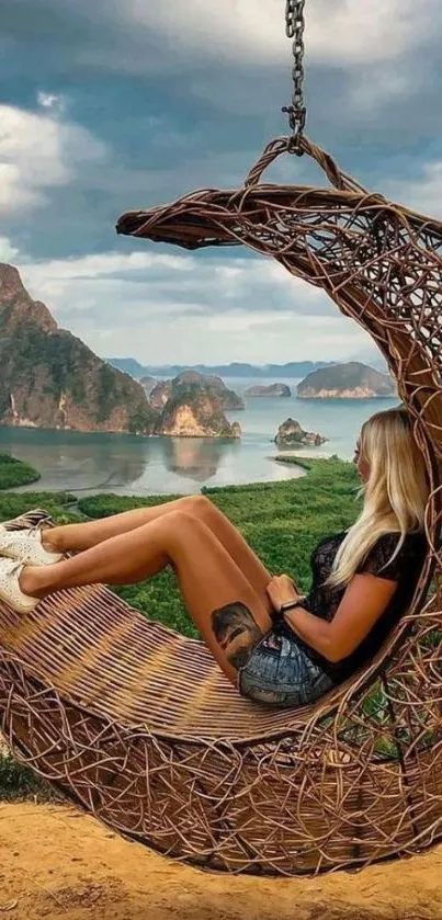 Woman relaxing in hammock with lake and mountains in background.