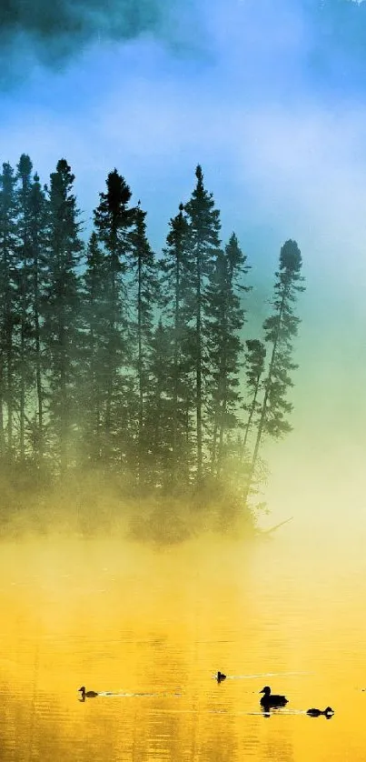 Serene misty forest by a tranquil lake at sunrise, with ducks swimming.
