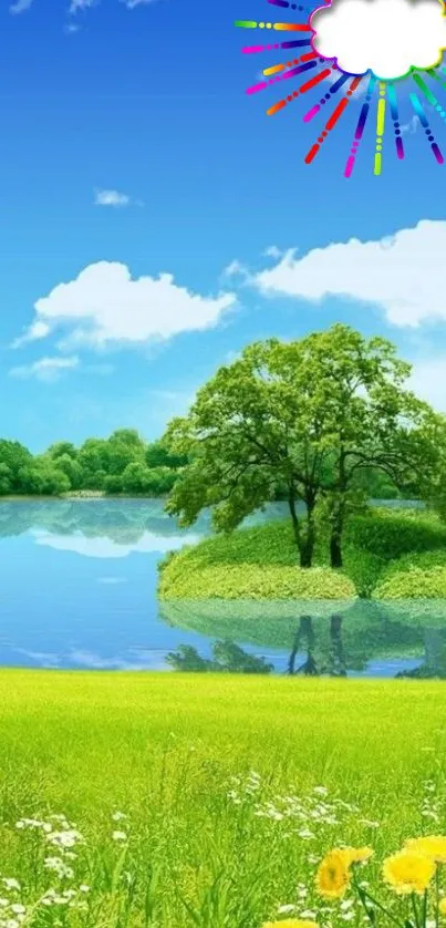 Lakeside scene with trees and blue sky, perfect for mobile wallpaper.