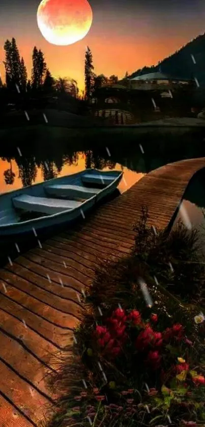 Lakeside with moon, dock, and flowers in twilight.