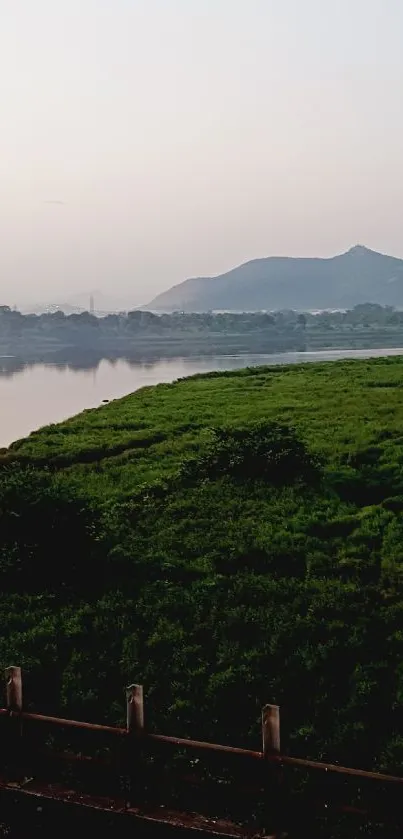 Calm lakeside morning view with lush greenery and distant hills.