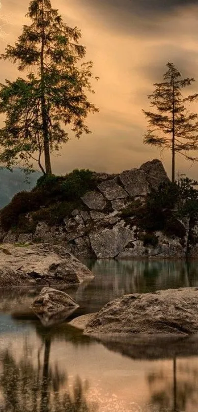 Serene lakeside nature scene with trees and rocks at sunset.