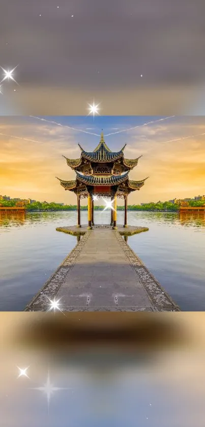 Serene oriental pavilion by the lake with beautiful reflections at sunset.