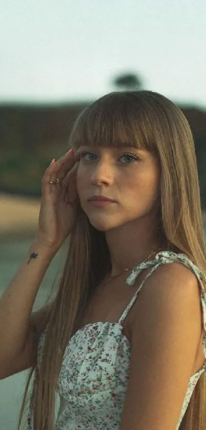 A serene portrait of a young woman by a lakeside at dusk.