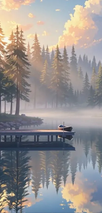 Serene lakeside view with misty forest reflection and wooden dock.