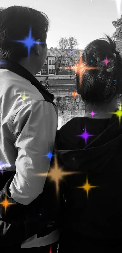 Black and white lakeside scene with two people reflecting.