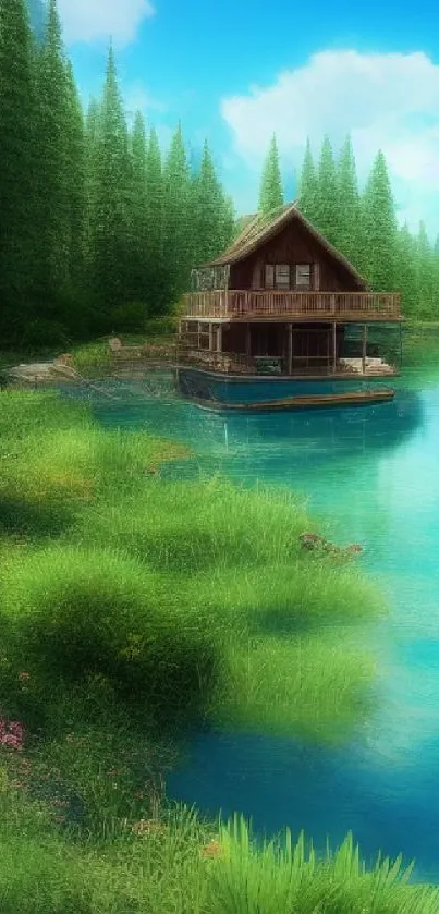 A tranquil lakeside cabin surrounded by green forests and blue skies.