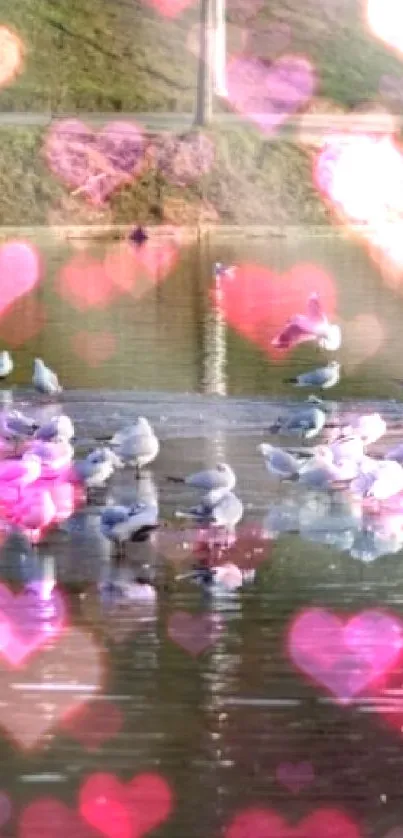 Serene lake with a flock of seagulls resting on water.