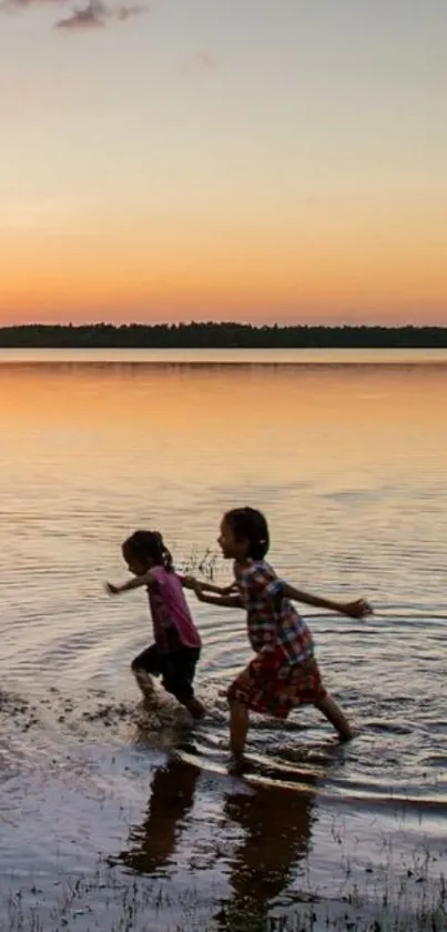 Children playing in a serene lakeside sunset, capturing nature's warmth.