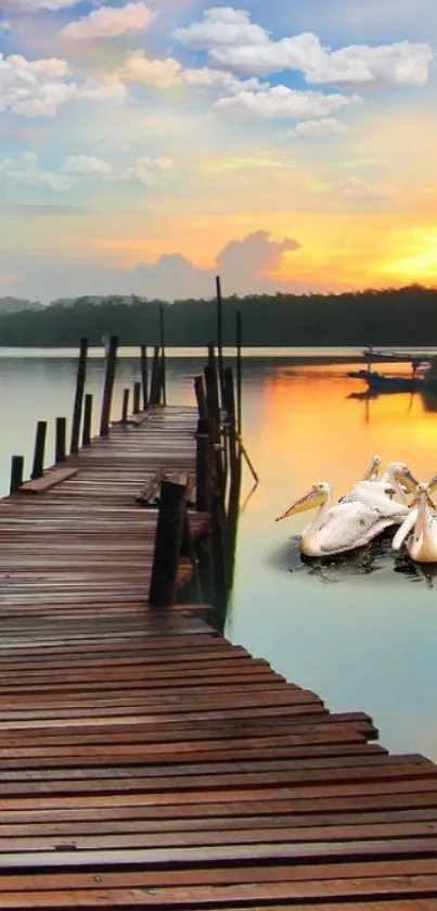 Tranquil lakeside sunset with pelicans and dock.