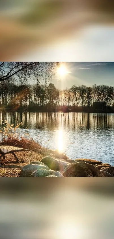 Serene sunset over a calm lake with chair view.