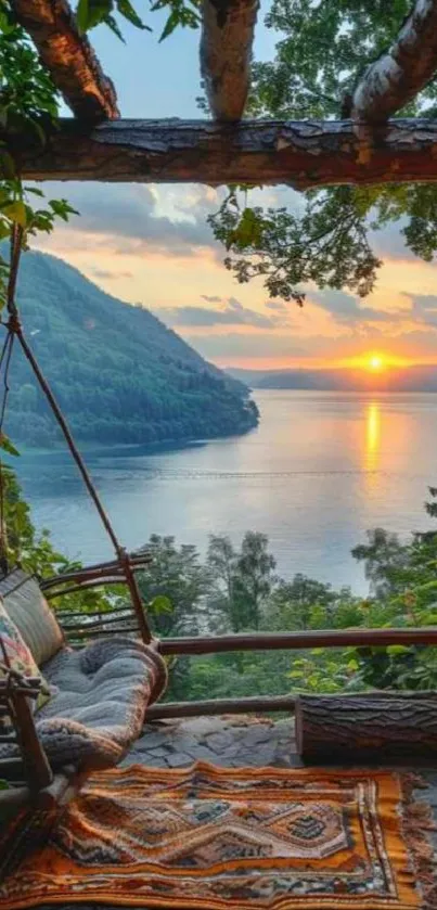 Lakeside sunset with cozy swing and vibrant nature view.