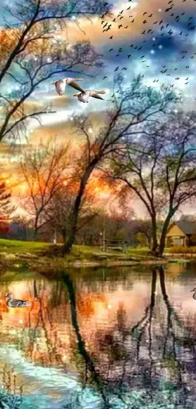 Serene sunset over a tranquil lake with colorful reflections and trees.