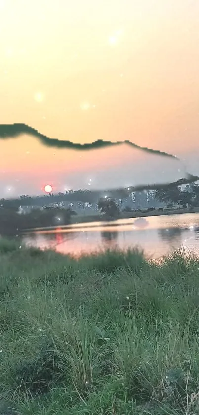 Serene sunset over a reflective lake with lush green grass.