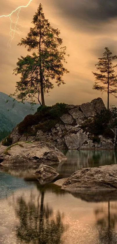 Lightning over a serene lakeside with trees and rocks at sunset.