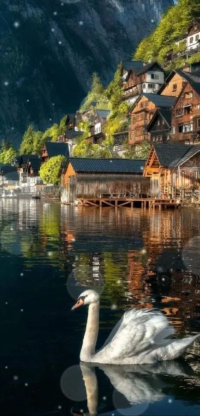 Swan on a lake with a picturesque village background.