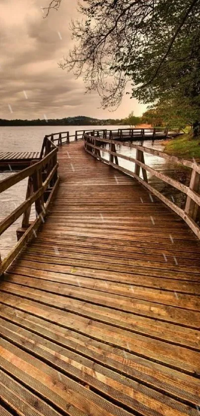 Serene wooden pathway along a calm lakeside.