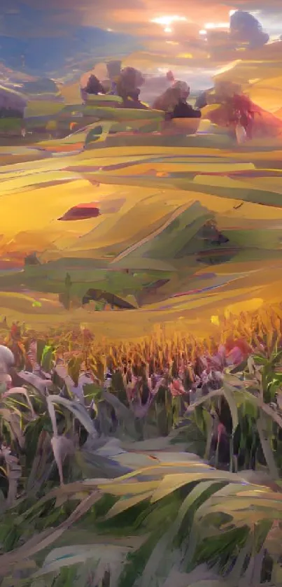 Serene landscape with sunset over fields in mobile wallpaper.