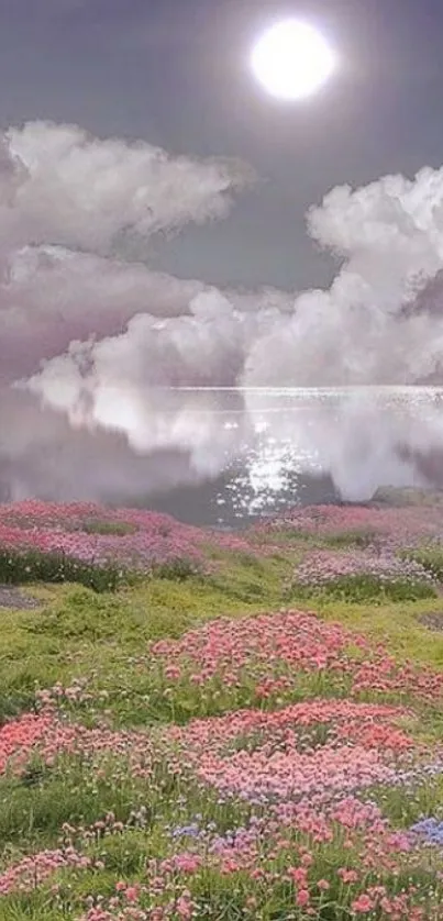 Moonlit field of flowers and clouds over a reflective lake.