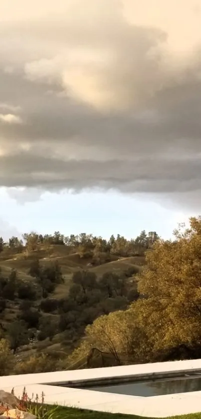 A serene landscape with hills and clouds.